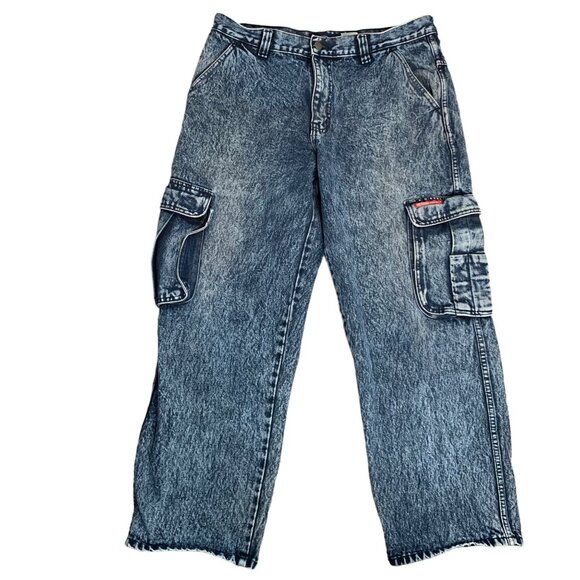 Vintage 90s Ice Pole Baggy Cargo Jeans 36 Blue Acid Wash Wide Leg Pockets Zip